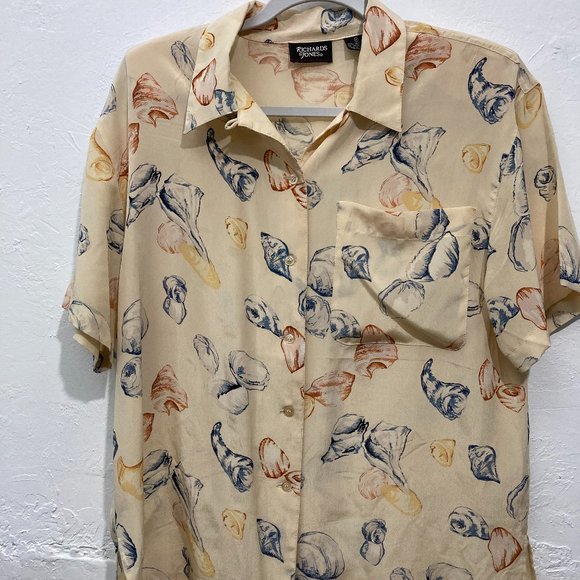 VTG Richard & Jones Button up Shirt 100% Silk Short Sleeve Seashells Yellow M - Picture 3 of 11